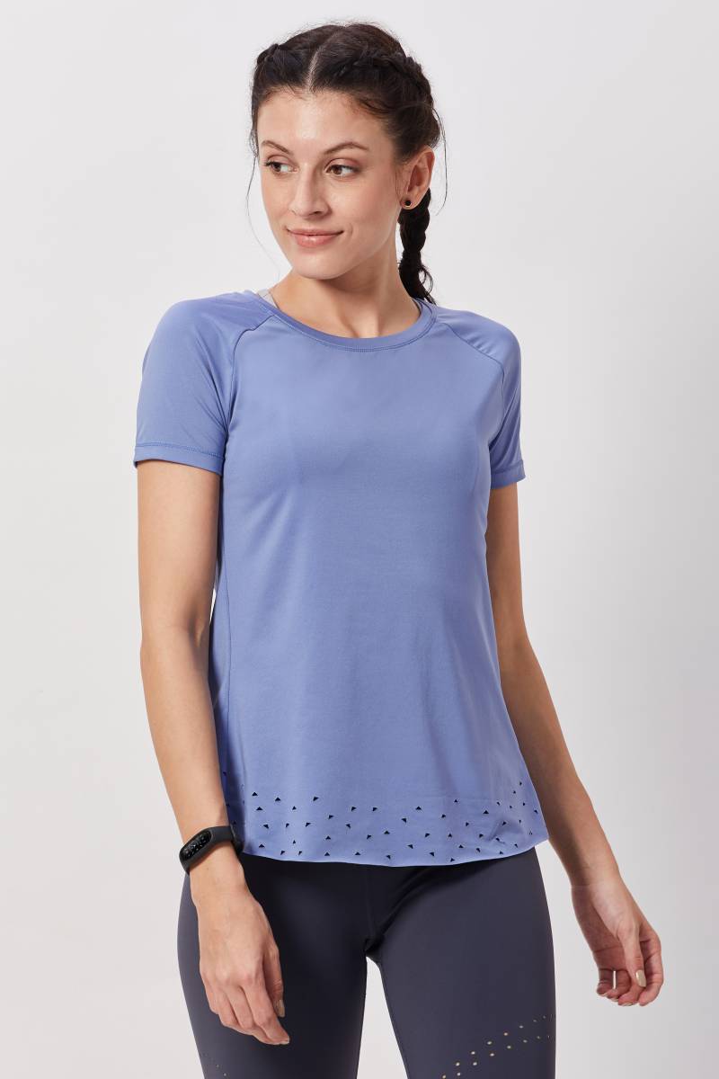 Blue Overlap Open Back Laser Cut Workout Top