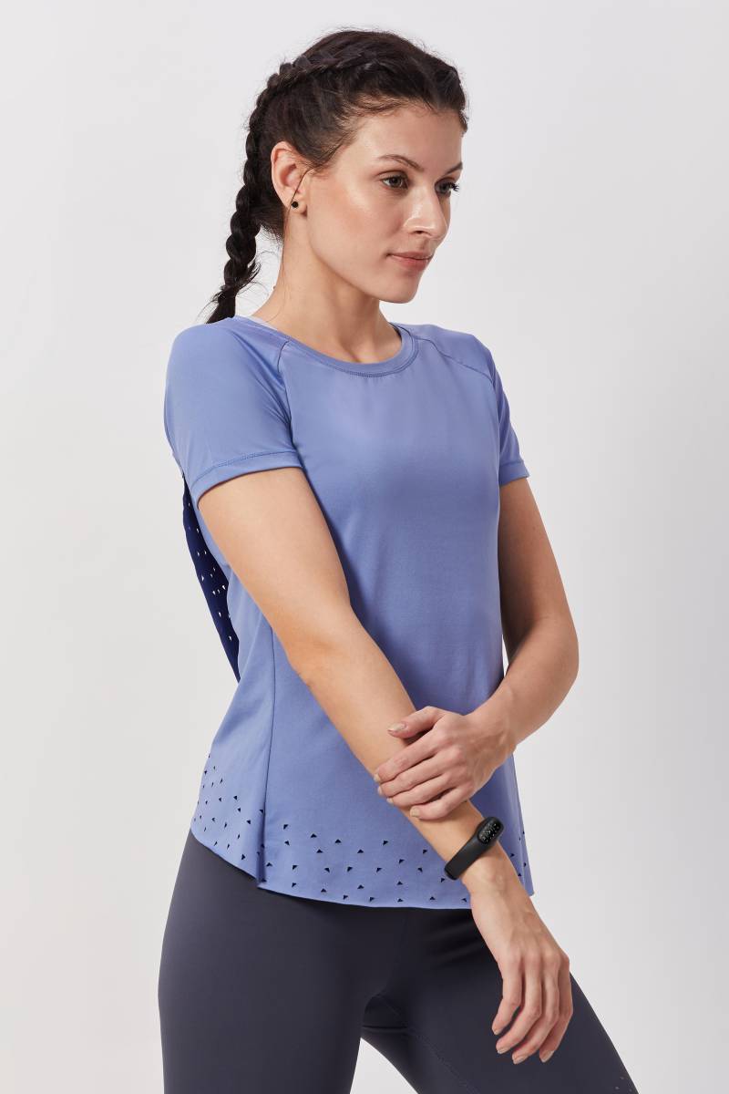 Blue Overlap Open Back Laser Cut Workout Top