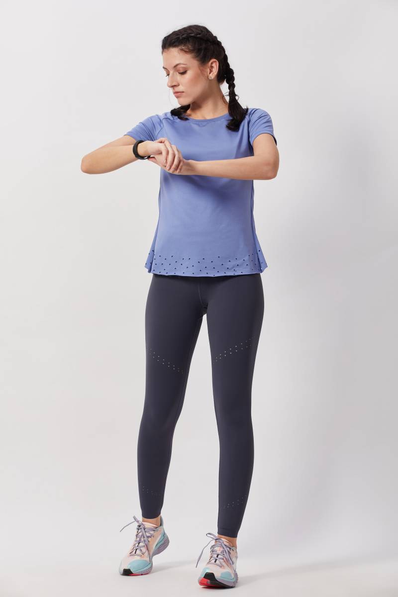 Blue Overlap Open Back Laser Cut Workout Top