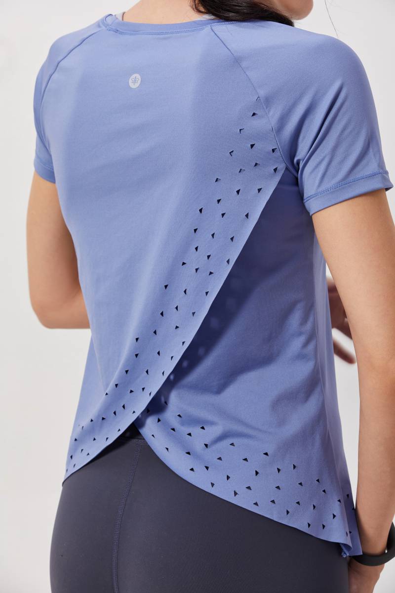 Blue Overlap Open Back Laser Cut Workout Top