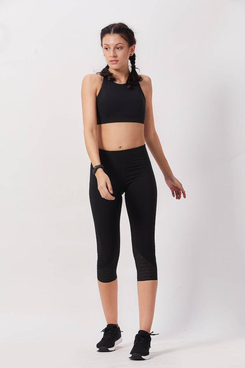 Cropped Tights with Stylish Mesh Design - Black