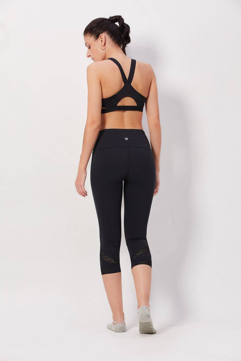 Cropped Tights with Stylish Mesh Design - Carbon Black