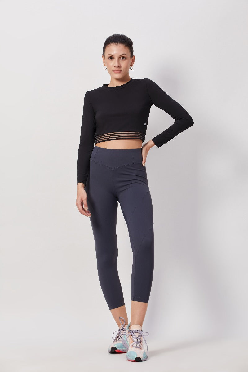 Mesh-Back Full Sleeve Crop Top - Black