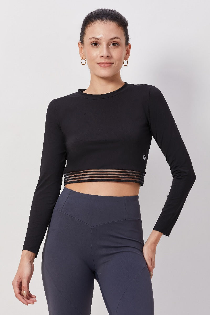 Mesh-Back Full Sleeve Crop Top - Black