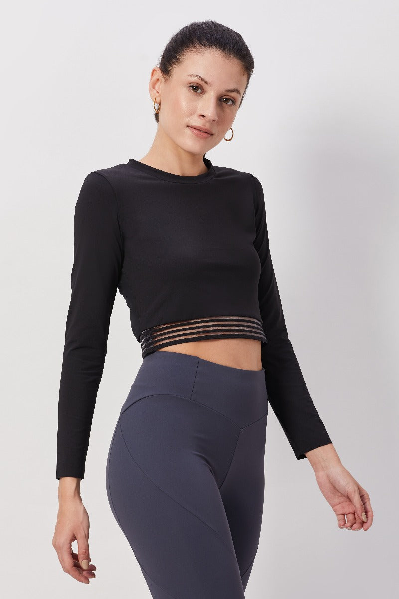 Mesh-Back Full Sleeve Crop Top - Black