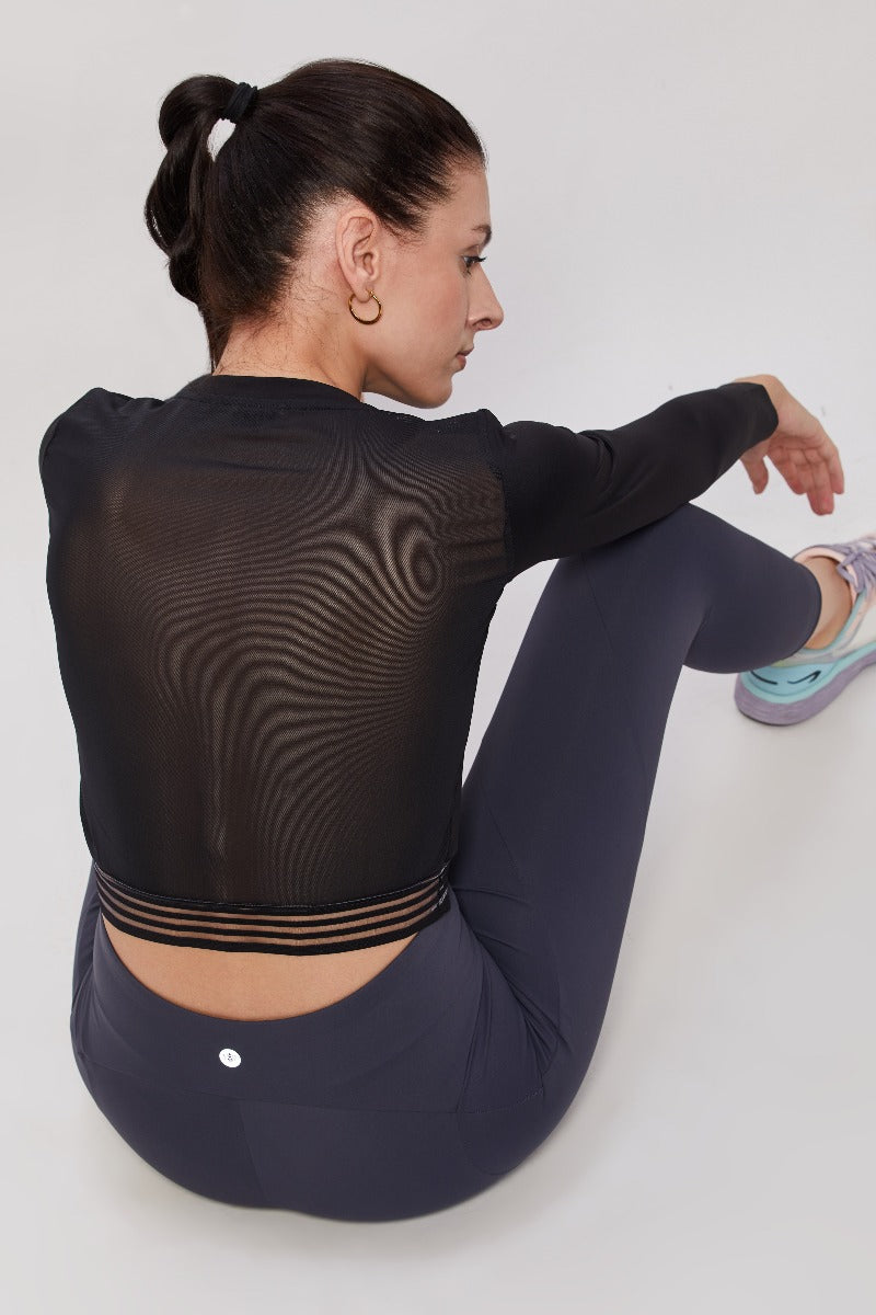 Mesh-Back Full Sleeve Crop Top - Black