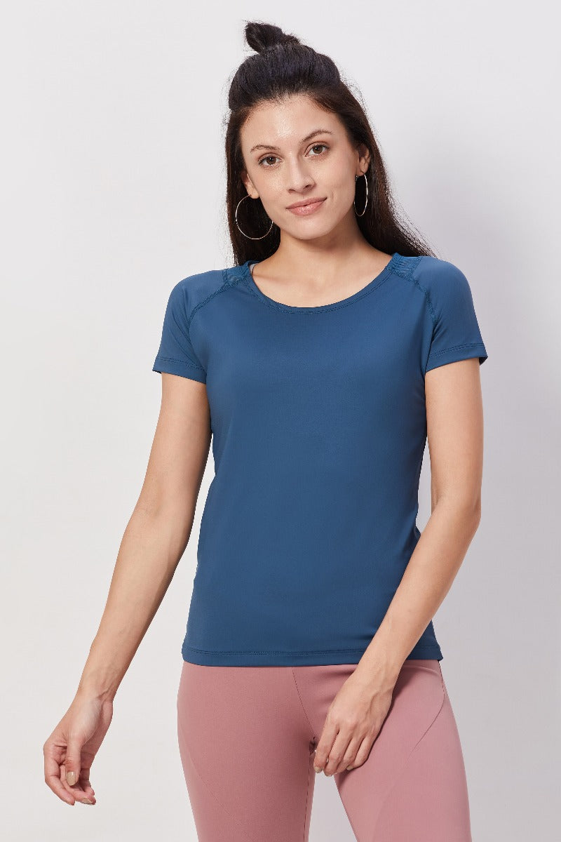 Blue Mesh-Back Half Sleeve Tank Top