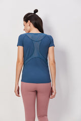 Blue Mesh-Back Half Sleeve Tank Top