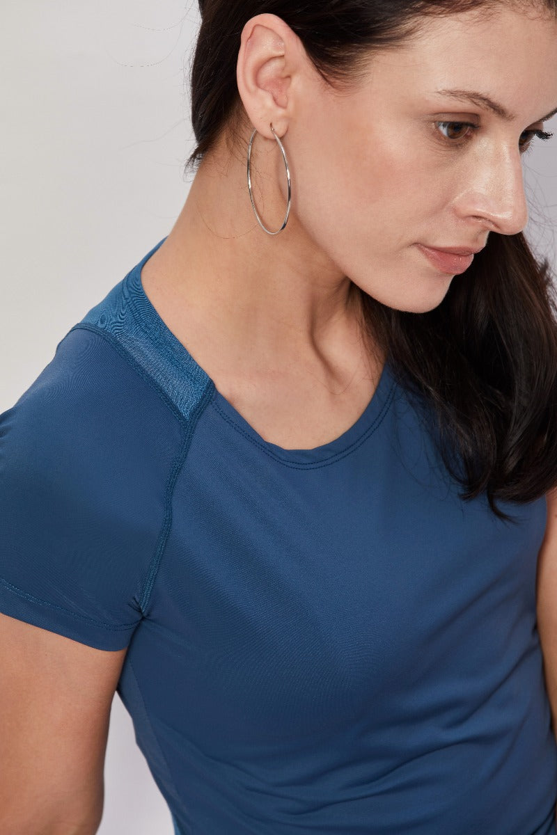 Blue Mesh-Back Half Sleeve Tank Top