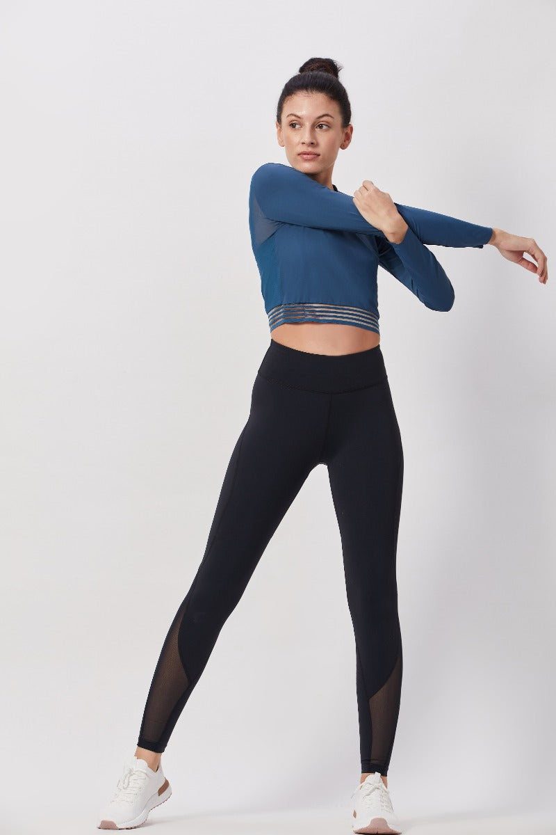 Teal Mesh-Back Full Sleeve Crop Top