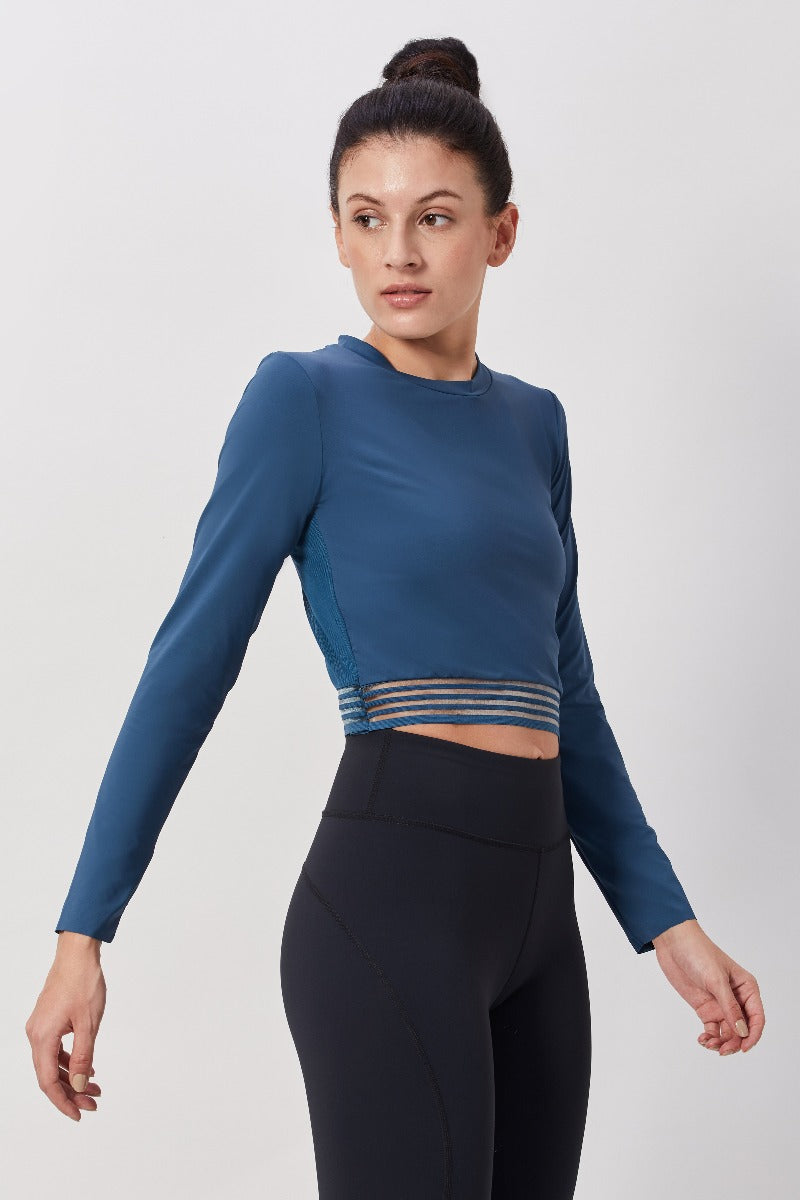 Teal Mesh-Back Full Sleeve Crop Top