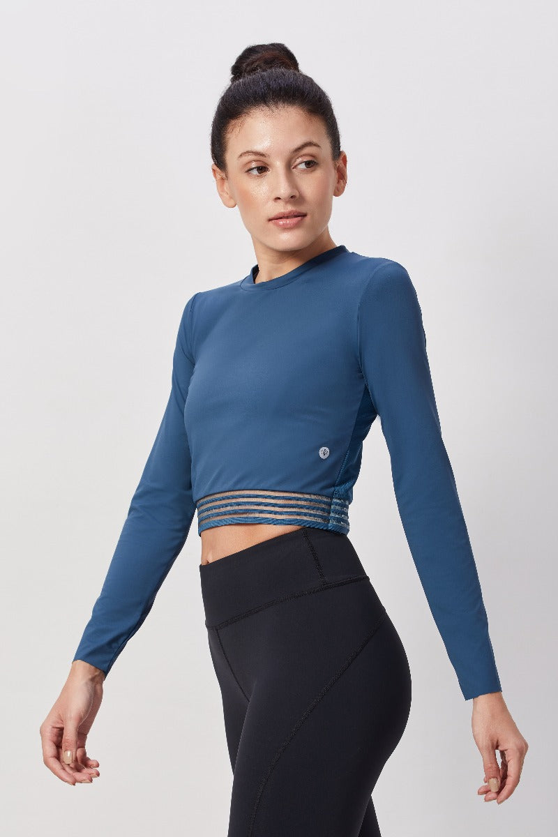 Teal Mesh-Back Full Sleeve Crop Top