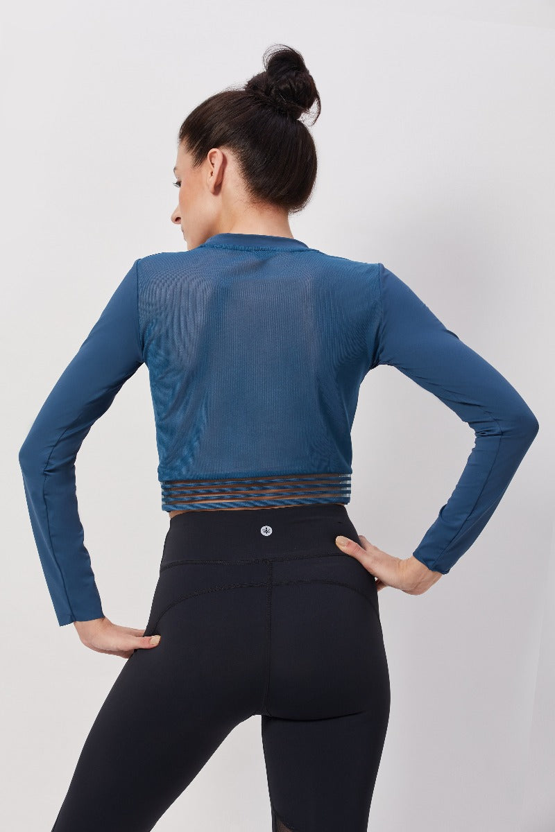 Teal Mesh-Back Full Sleeve Crop Top
