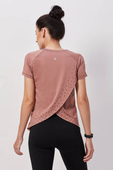 Peach Overlap Open Back Laser Cut Workout Top